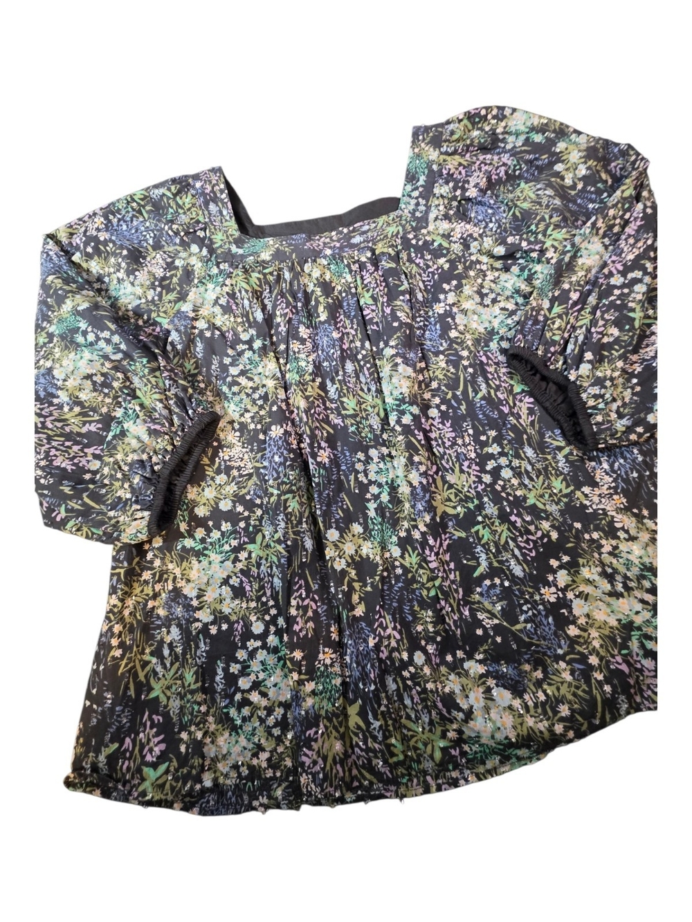LC Lauren Conrad Black Floral Shimmer Square Neck Puff Sleeve Blouse XXL